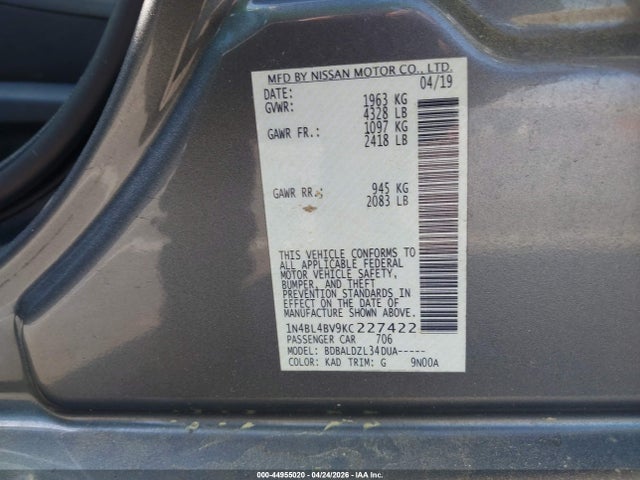 Aukcja sprzedaży 2019 Nissan Altima 2.5 S, vin: 1N4BL4BV9KC227422, numer aukcji: 44955020