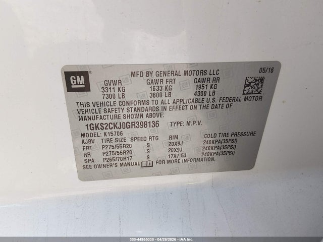 44955030 :رقم المزاد ، 1GKS2CKJ0GR398136 vin ، 2016 Gmc Yukon Denali مزاد بيع