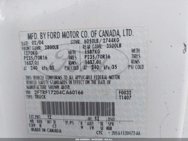 2004 Ford F-150 Heritage Xl/xlt მანქანა იყიდება აუქციონზე, vin: 2FTRF17204CA60166, აუქციონის ნომერი: 44955054