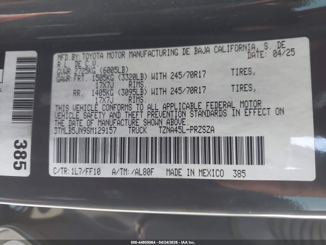 Продаж на аукціоні авто 2025 Toyota Tacoma Sr5, vin: 3TMLB5JN9SM129157, номер лоту: 44955064