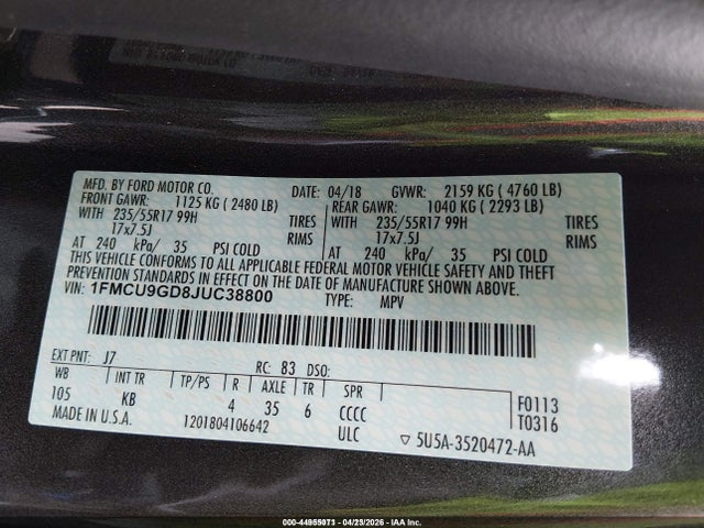 Ford ESCAPE SE 2018 1FMCU9GD8JUC38800 Image 9