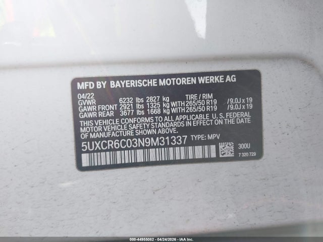 Продаж на аукціоні авто 2022 Bmw X5 Xdrive40i, vin: 5UXCR6C03N9M31337, номер лоту: 44955082
