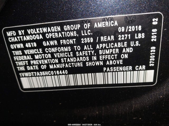 44955084 :رقم المزاد ، 1VWDT7A35HC016440 vin ، 2017 Volkswagen Passat 1.8t R-line مزاد بيع