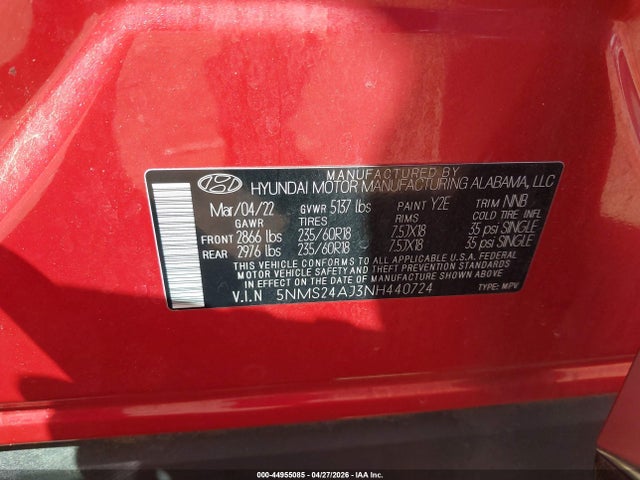 44955085 :رقم المزاد ، 5NMS24AJ3NH440724 vin ، 2022 Hyundai Santa Fe Sel مزاد بيع