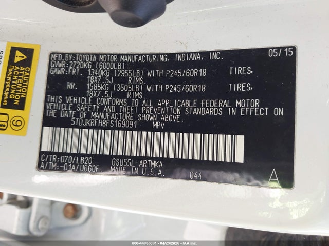 Aukcja sprzedaży 2015 Toyota Highlander Xle V6, vin: 5TDJKRFH8FS169091, numer aukcji: 44955091