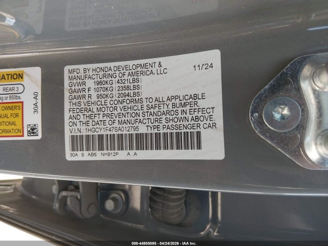 2025 Honda Accord Se მანქანა იყიდება აუქციონზე, vin: 1HGCY1F47SA012795, აუქციონის ნომერი: 44955095
