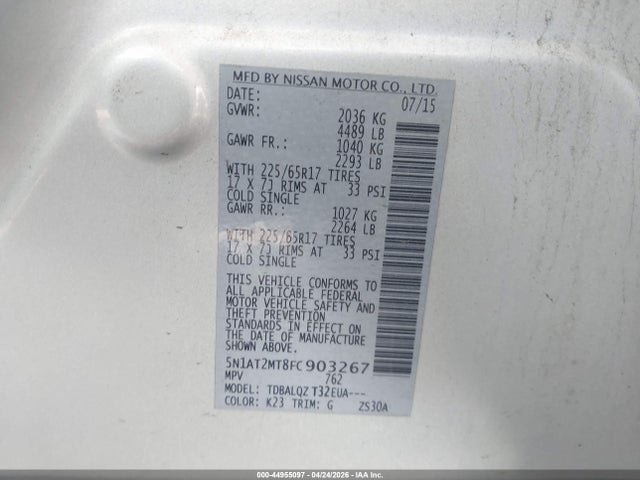 44955097 :رقم المزاد ، 5N1AT2MT8FC903267 vin ، 2015 Nissan Rogue Sv مزاد بيع