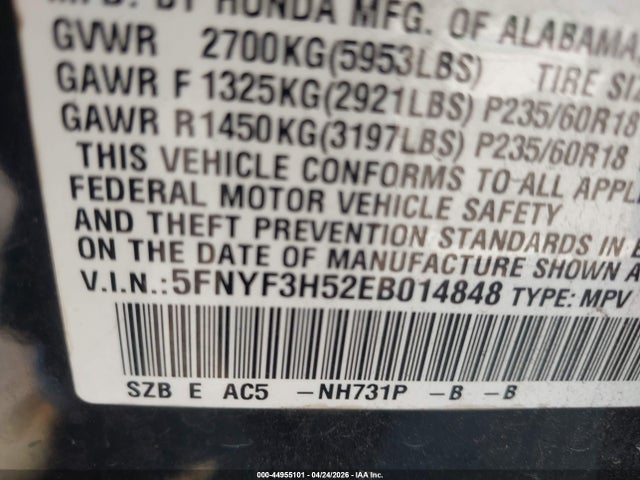 Aukcja sprzedaży 2014 Honda Pilot Ex-l, vin: 5FNYF3H52EB014848, numer aukcji: 44955101