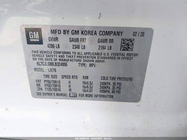 Продажа на аукционе авто 2020 Chevrolet Trax Fwd Lt, vin: KL7CJLSB8LB324006, номер лота: 44955104