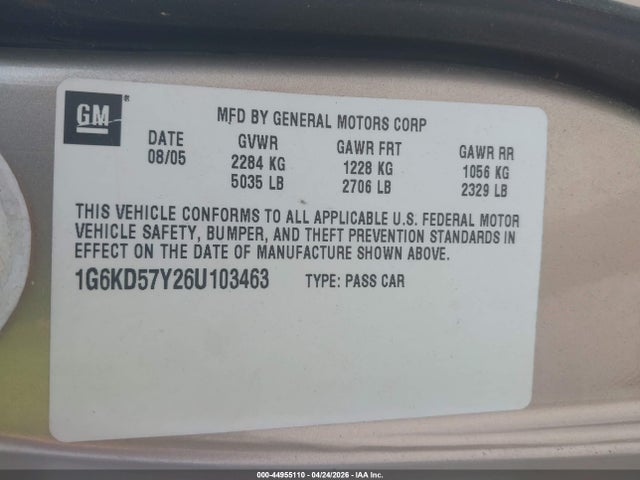 2006 Cadillac Dts Standard მანქანა იყიდება აუქციონზე, vin: 1G6KD57Y26U103463, აუქციონის ნომერი: 44955110