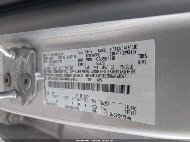 2016 Ford Escape Se მანქანა იყიდება აუქციონზე, vin: 1FMCU9GX4GUB32458, აუქციონის ნომერი: 44955111