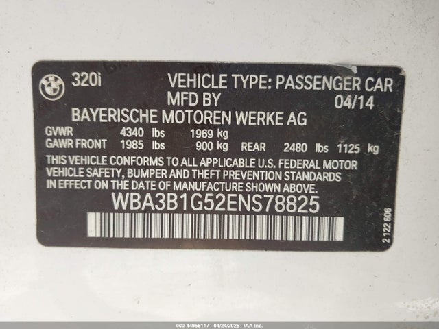 Aukcja sprzedaży 2014 Bmw 320i, vin: WBA3B1G52ENS78825, numer aukcji: 44955117