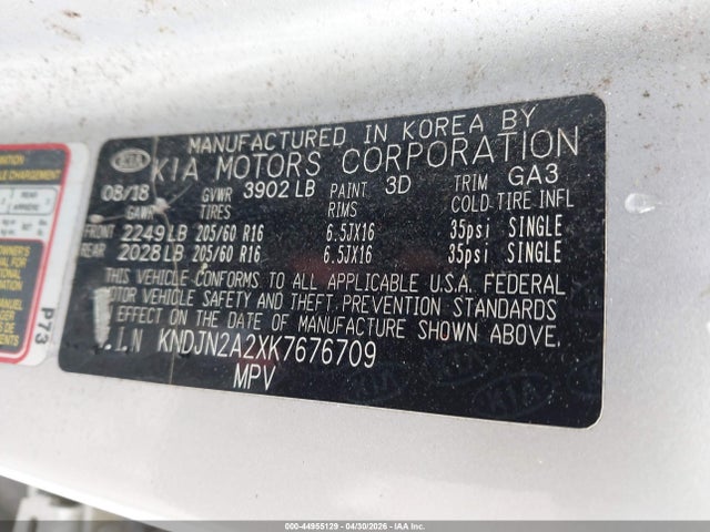44955129 :رقم المزاد ، KNDJN2A2XK7676709 vin ، 2019 Kia Soul مزاد بيع