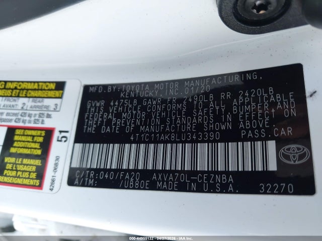2020 Toyota Camry Le მანქანა იყიდება აუქციონზე, vin: 4T1C11AK8LU343390, აუქციონის ნომერი: 44955132