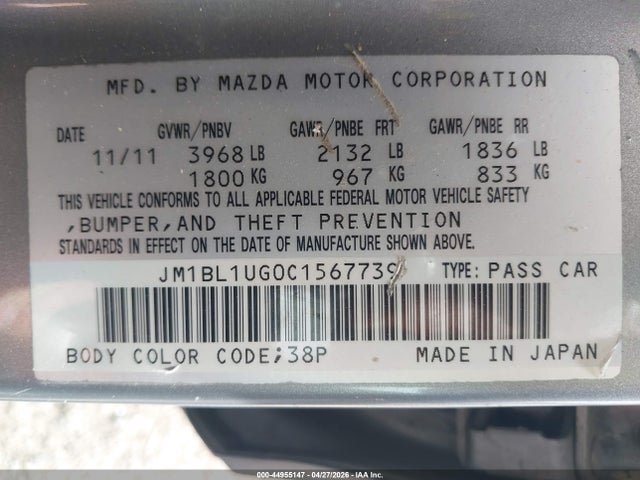44955147 :رقم المزاد ، JM1BL1UG0C1567739 vin ، 2012 Mazda Mazda3 I Sport مزاد بيع