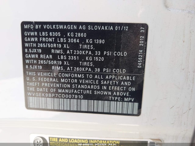 2012 Volkswagen Touareg Tdi Lux მანქანა იყიდება აუქციონზე, vin: WVGEK9BP7CD007910, აუქციონის ნომერი: 44955153