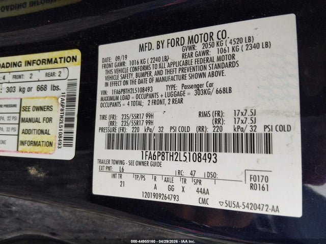 Продажа на аукционе авто 2020 Ford Mustang Ecoboost Fastback, vin: 1FA6P8TH2L5108493, номер лота: 44955160