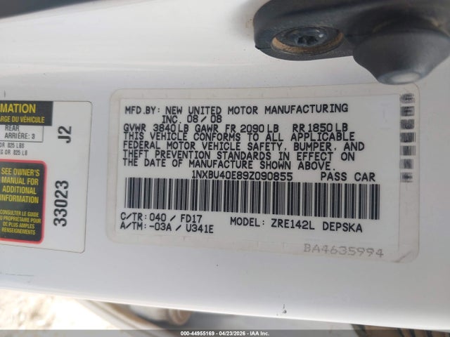 44955169 :رقم المزاد ، 1NXBU40E89Z090855 vin ، 2009 Toyota Corolla S مزاد بيع
