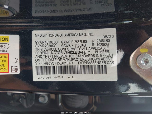 Продаж на аукціоні авто 2020 Honda Accord Hybrid, vin: 1HGCV3F15LA018171, номер лоту: 44955191