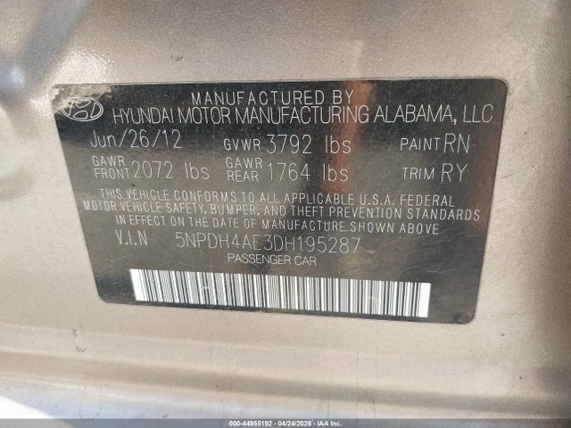Продажа на аукционе авто 2013 Hyundai Elantra Limited, vin: 5NPDH4AE3DH195287, номер лота: 44955192