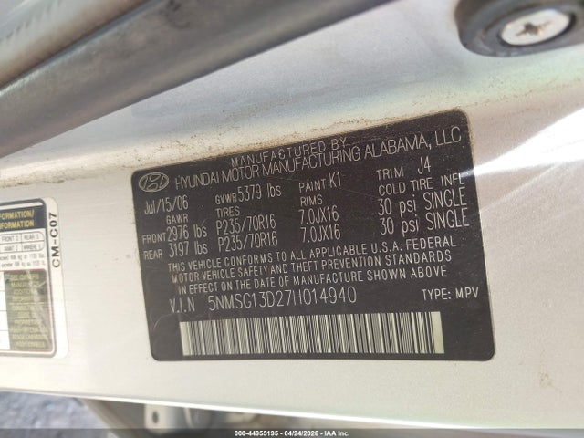 Продаж на аукціоні авто 2007 Hyundai Santa Fe Gls, vin: 5NMSG13D27H014940, номер лоту: 44955195