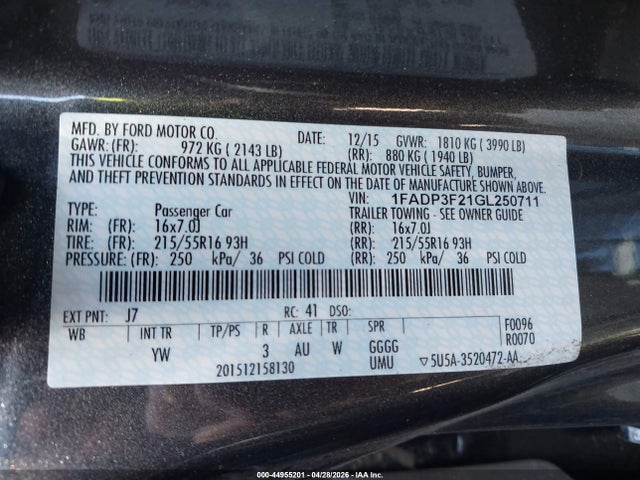 44955201 :رقم المزاد ، 1FADP3F21GL250711 vin ، 2016 Ford Focus Se مزاد بيع