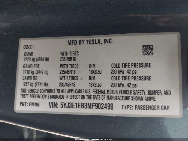 Продажа на аукционе авто 2021 Tesla Model 3 Long Range Dual Motor All-wheel Drive, vin: 5YJ3E1EB3MF902499, номер лота: 44955204