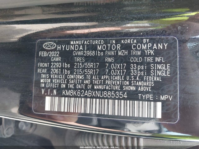 Aukcja sprzedaży 2022 Hyundai Kona Sel, vin: KM8K62ABXNU885354, numer aukcji: 44955214