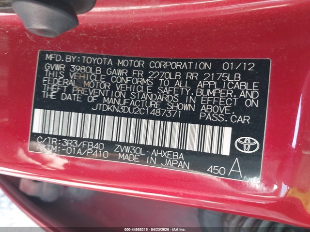 44955215 :رقم المزاد ، JTDKN3DU2C1487371 vin ، 2012 Toyota Prius Two مزاد بيع