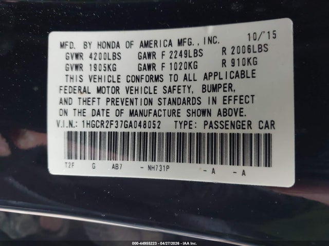 Продаж на аукціоні авто 2016 Honda Accord Lx, vin: 1HGCR2F37GA048052, номер лоту: 44955223