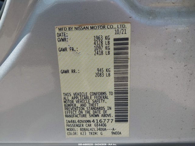Aukcja sprzedaży 2021 Nissan Altima Sv Fwd, vin: 1N4BL4DVXMN416777, numer aukcji: 44955225