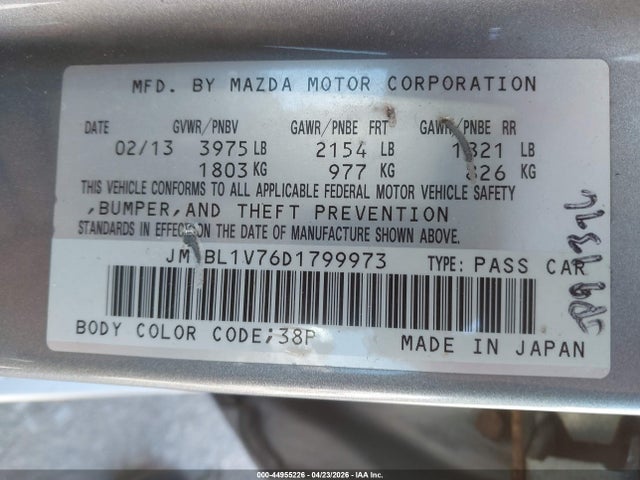 44955226 :رقم المزاد ، JM1BL1V76D1799973 vin ، 2013 Mazda Mazda3 I Touring مزاد بيع
