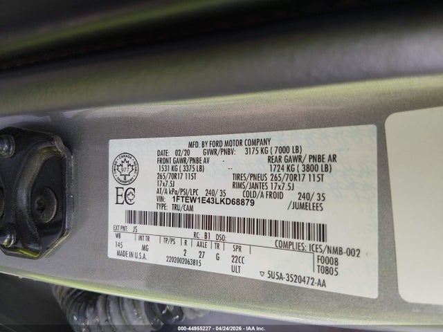 44955227 :رقم المزاد ، 1FTEW1E43LKD68879 vin ، 2020 Ford F-150 Xlt مزاد بيع