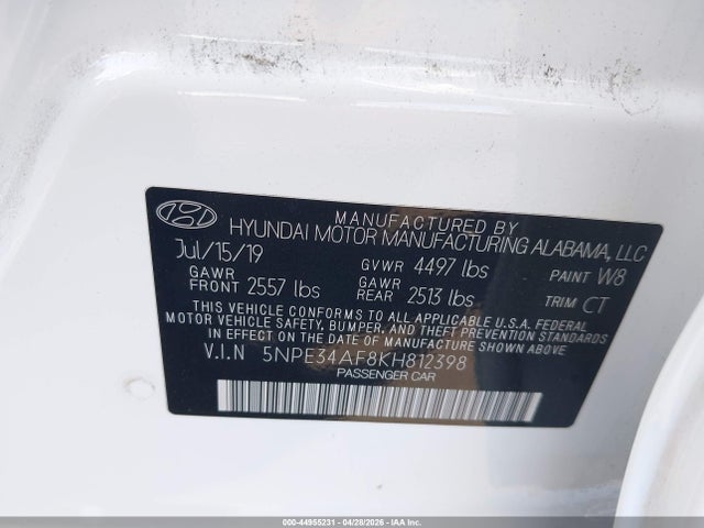 44955231 :رقم المزاد ، 5NPE34AF8KH812398 vin ، 2019 Hyundai Sonata Sport مزاد بيع