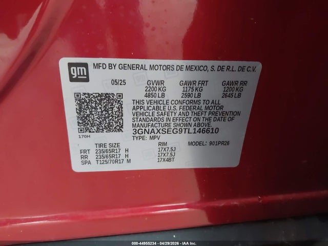 44955234 :رقم المزاد ، 3GNAXSEG9TL146610 vin ، 2026 Chevrolet Equinox Awd Activ مزاد بيع