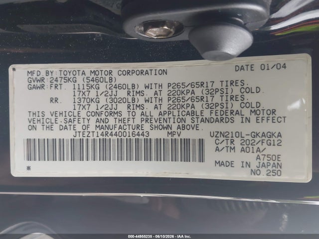 Продаж на аукціоні авто 2004 Toyota 4runner Sr5 V8, vin: JTEZT14R440016443, номер лоту: 44955235