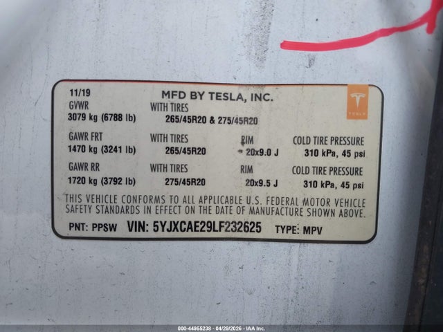 Продаж на аукціоні авто 2020 Tesla Model X, vin: 5YJXCAE29LF232625, номер лоту: 44955238