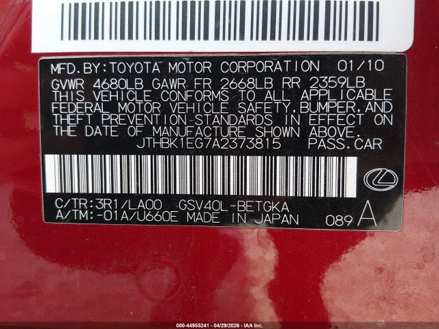 44955241 :رقم المزاد ، JTHBK1EG7A2373815 vin ، 2010 Lexus Es 350 مزاد بيع