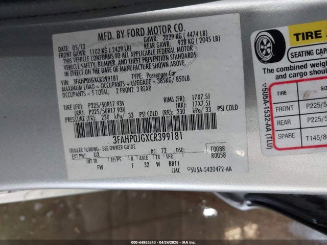 Продажа на аукционе авто 2012 Ford Fusion Sel, vin: 3FAHP0JGXCR399181, номер лота: 44955243