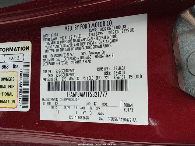 Продаж на аукціоні авто 2015 Ford Mustang V6, vin: 1FA6P8AM1F5321777, номер лоту: 44955261