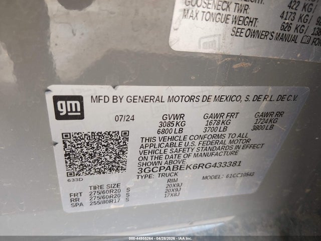 Продаж на аукціоні авто 2024 Chevrolet Silverado 1500 2wd  Short Bed Custom, vin: 3GCPABEK6RG433381, номер лоту: 44955264