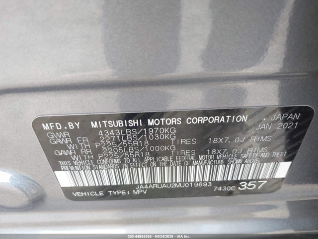 Aukcja sprzedaży 2021 Mitsubishi Outlander Sport 2.0 Be Awc/2.0 Es Awc/2.0 Le Awc/2.0 Se Awc, vin: JA4ARUAU2MU019693, numer aukcji: 44955265