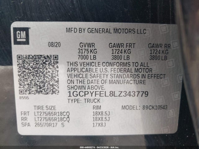 44955274 :رقم المزاد ، 1GCPYFEL8LZ343779 vin ، 2020 Chevrolet Silverado 1500 4wd  Short Bed Lt Trail Boss مزاد بيع