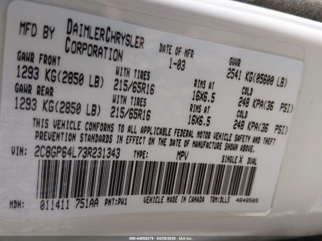 Продажа на аукционе авто 2003 Chrysler Town & Country Limited, vin: 2C8GP64L73R231343, номер лота: 44955279