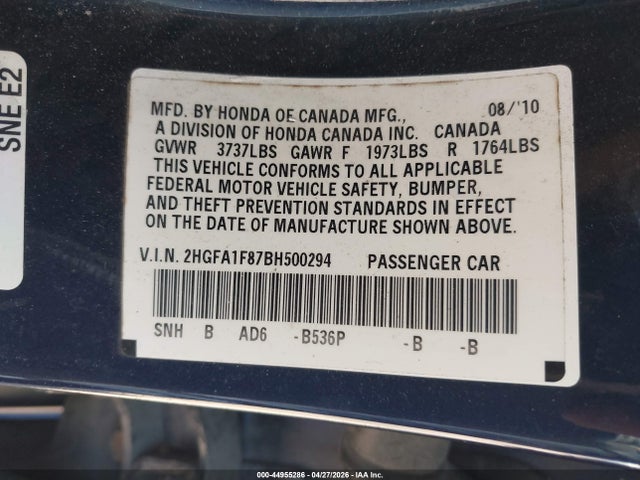 44955286 :رقم المزاد ، 2HGFA1F87BH500294 vin ، 2011 Honda Civic Ex مزاد بيع