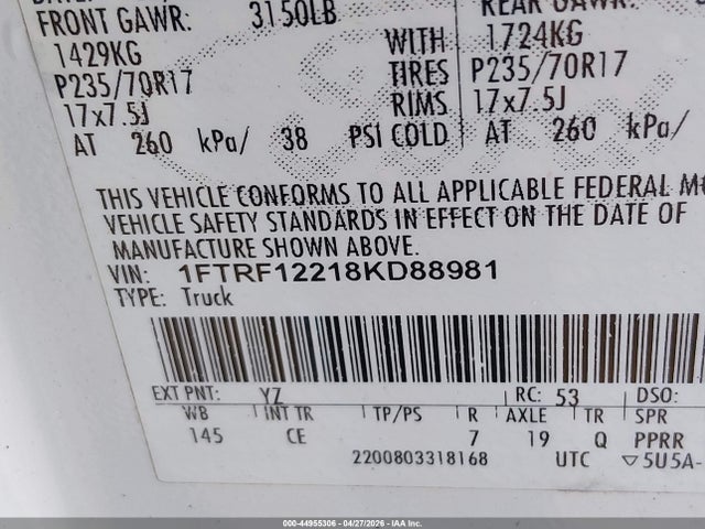 Продажа на аукционе авто 2008 Ford F-150 Stx/xl/xlt, vin: 1FTRF12218KD88981, номер лота: 44955306