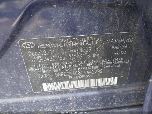44955322 :رقم المزاد ، 5NPEC4AC8CH442299 vin ، 2012 Hyundai Sonata Se مزاد بيع