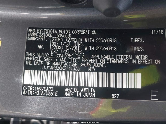 Aukcja sprzedaży 2019 Lexus Nx 300, vin: JTJYARBZ0K2141333, numer aukcji: 44955323