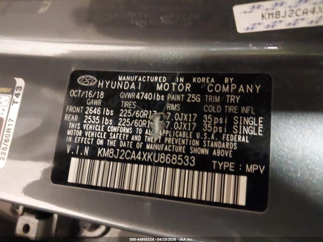 Aukcja sprzedaży 2019 Hyundai Tucson Se, vin: KM8J2CA4XKU868533, numer aukcji: 44955324