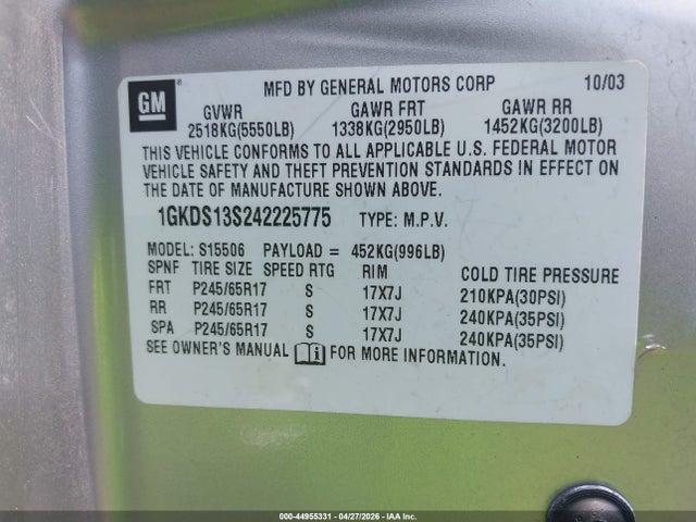 Aukcja sprzedaży 2004 Gmc Envoy Sle, vin: 1GKDS13S242225775, numer aukcji: 44955331